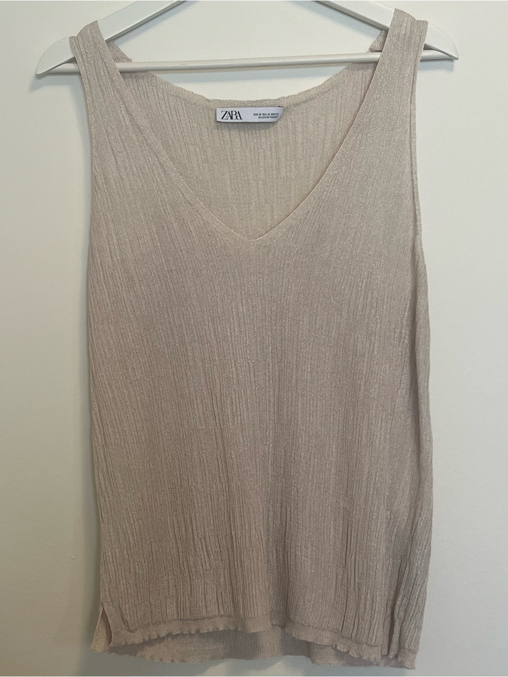 Zara Metallic Knit V-Neck Tank Top Champagne Beige‎ Ribbed Sleeveless M